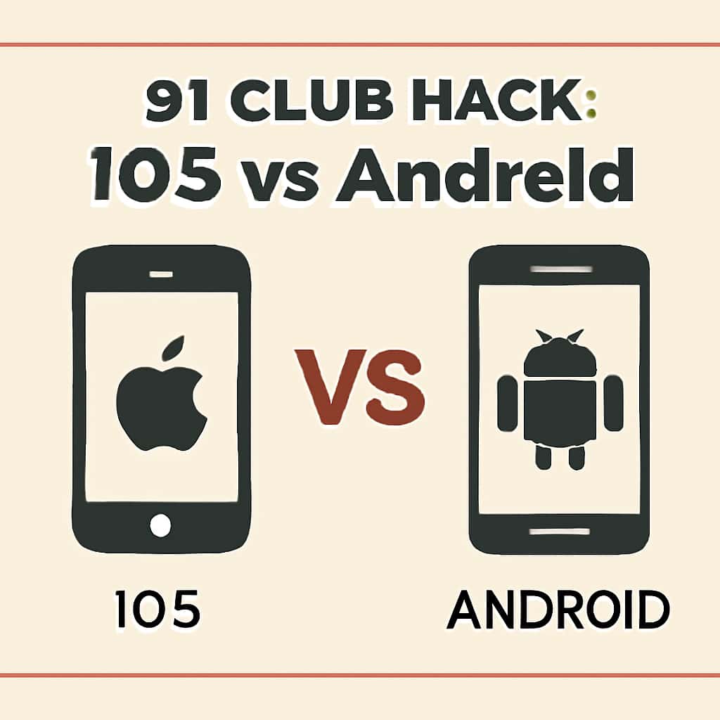 Illustration showing installation steps for 91 Club Hack on iOS and Android.